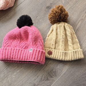 Kids Pink and Tan Knit Pom-Pom Beanies